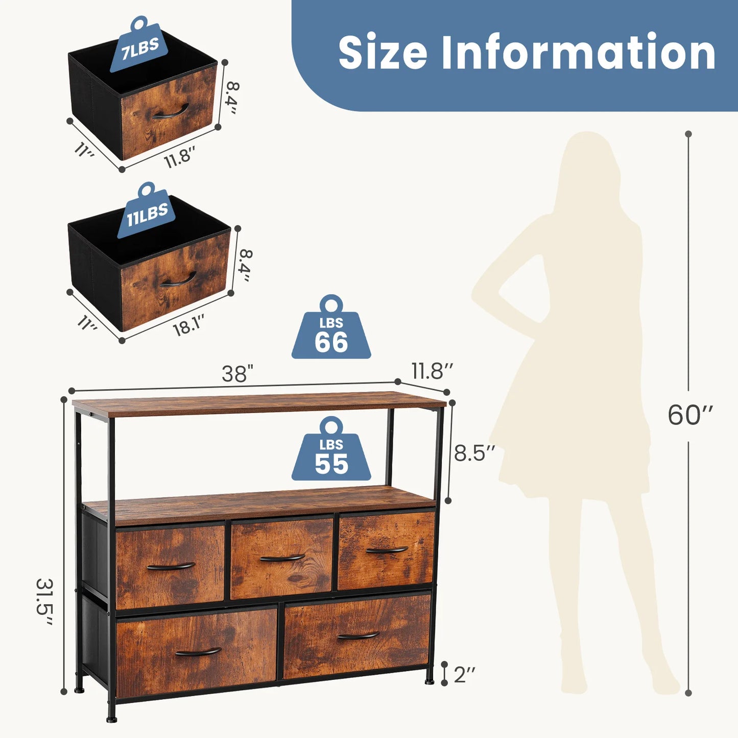 JHK Fireplace TV Stand Dresser With 5 Fabric Drawers Storage