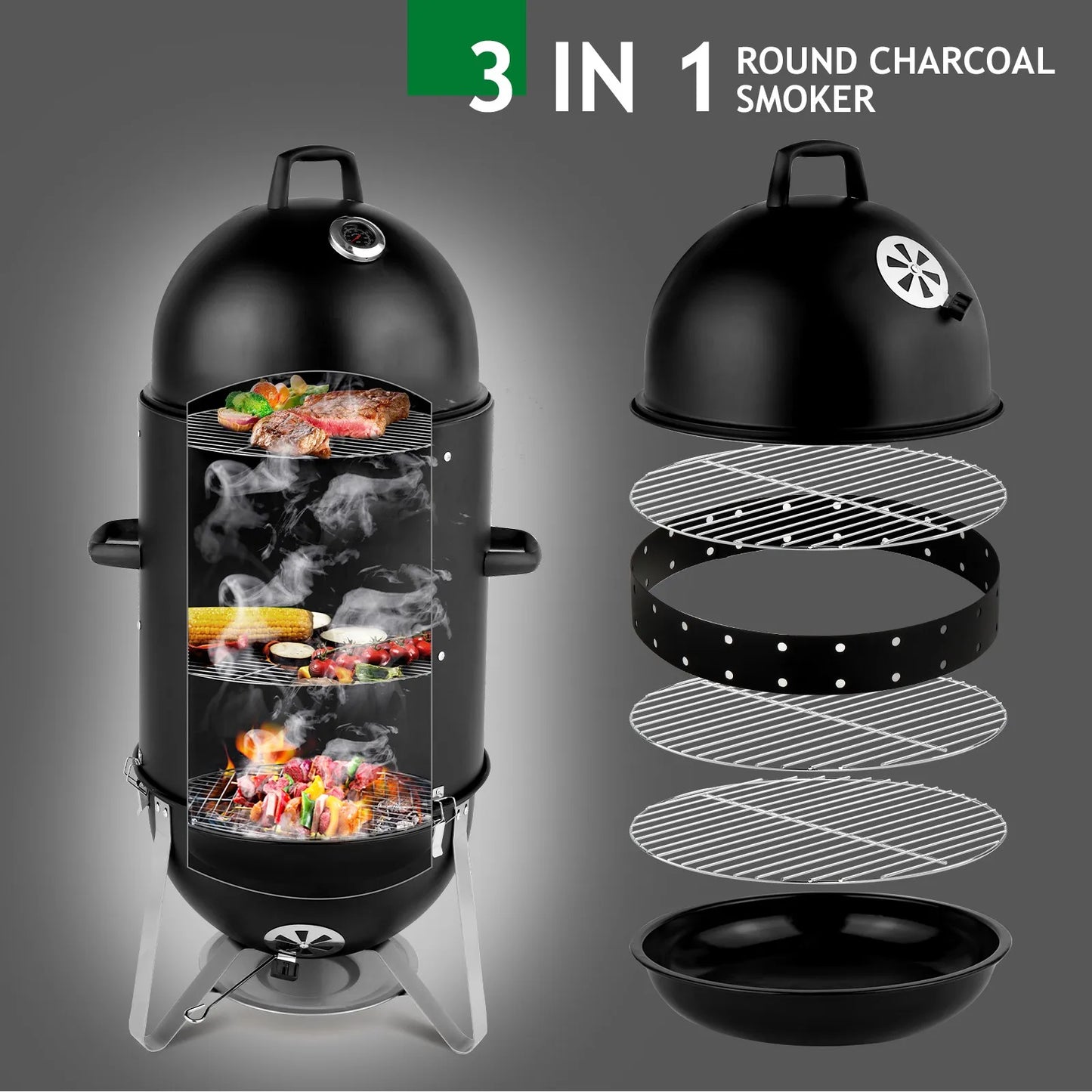 3 In 1 Outdoor BBQ Charcoal Smoker Grill Racks Thermometer