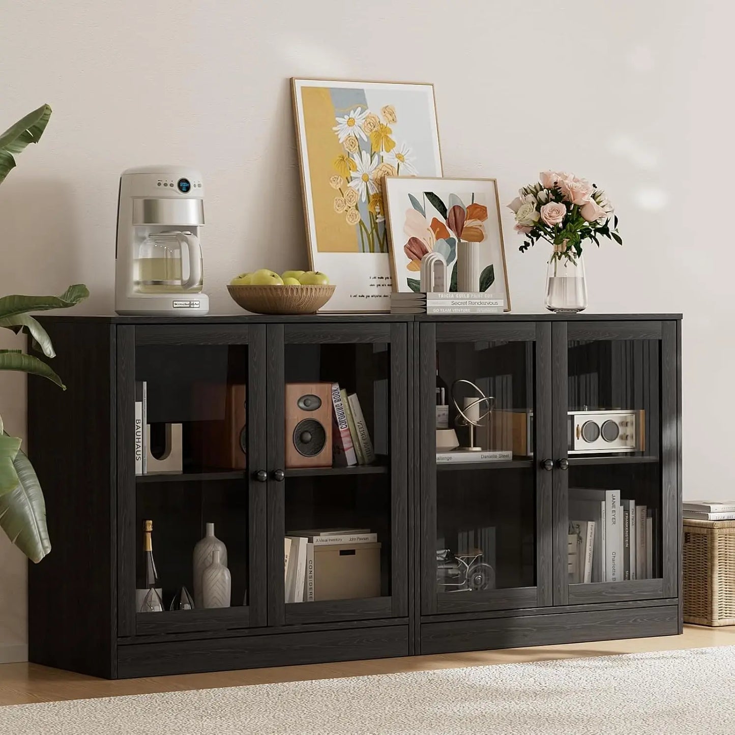 Modular TV Stand With Glass Doors And Bookcases Entertainment Center