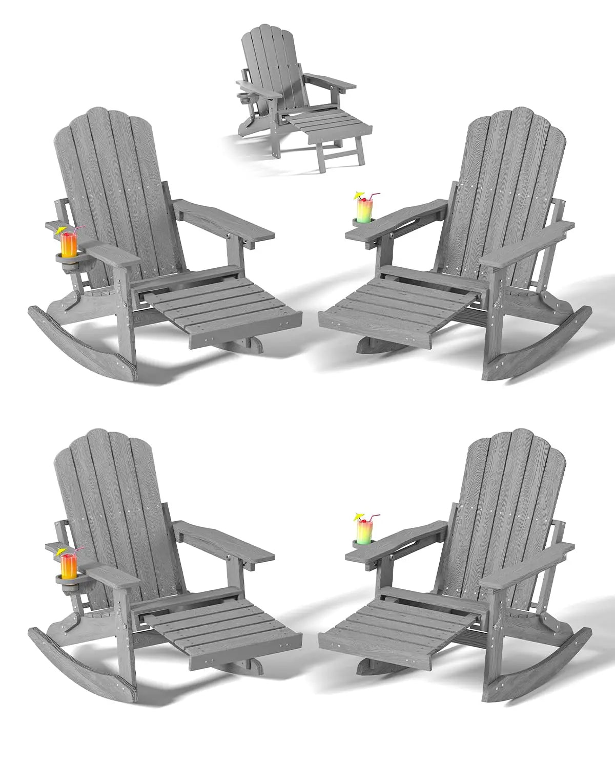 Folding Adirondack Rocking Chair with Retractable Ottoman & Cup Holder Patio Porch Lawn Outdoor Brown Set of 4, Custom