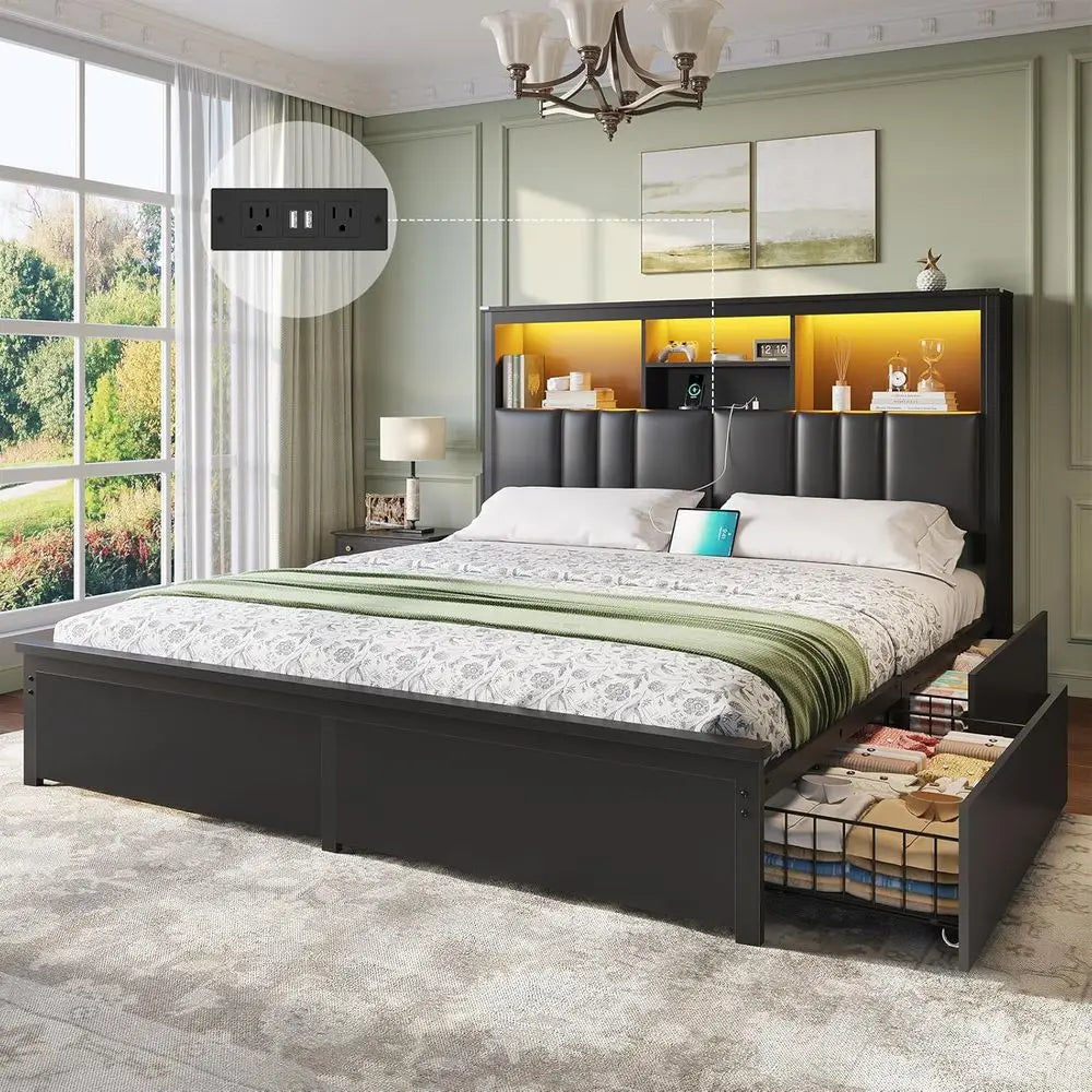 Upholstered Bed With Storage Drawers LED Lighting And Charging Station
