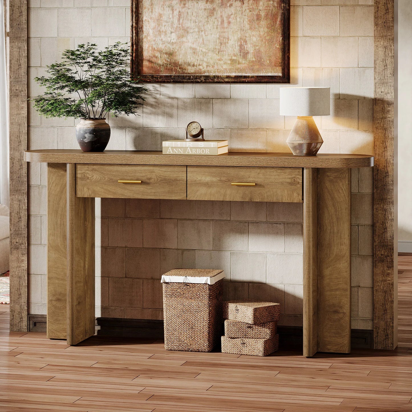 Tribesigns 63 Inch Oval Farmhouse Console Table With Storage