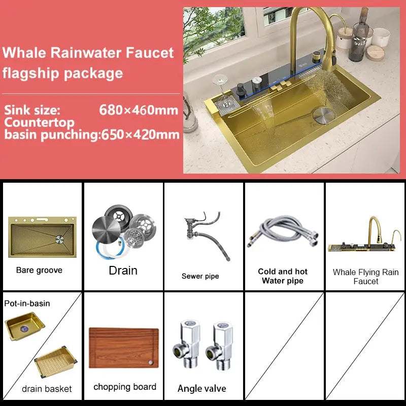 Telisiya Waterfall Kitchen Sink Stainless Steel Single Slot Digital Display