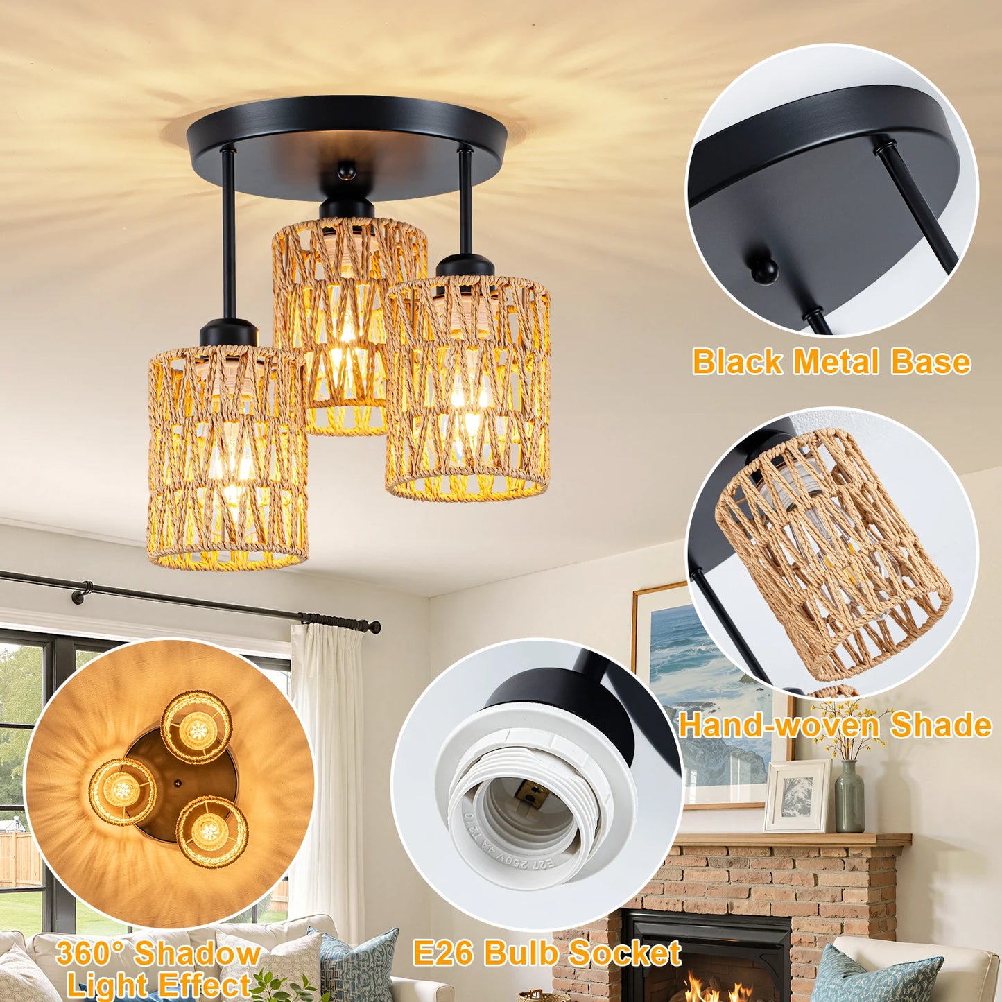 Boho Farmhouse Rattan Pendant Lights Three Light Ceiling Mount