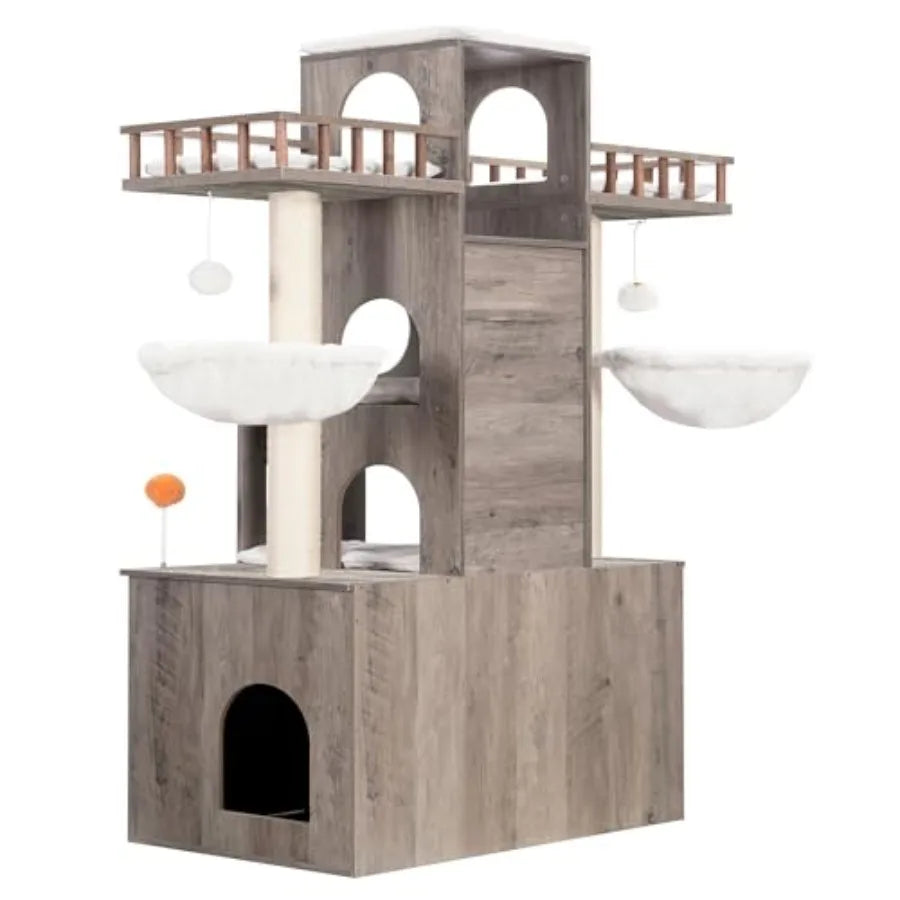 Cat Tree with Litter Box Enclosure for Indoor Big Cat Cat Tower for Large Cats 20lbs Heavy Duty Modern Cat Condo Furniture with
