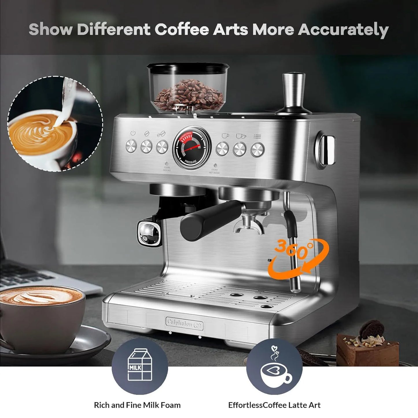 Acekool Espresso Machine With Grinder 20 Bar Semi Automatic