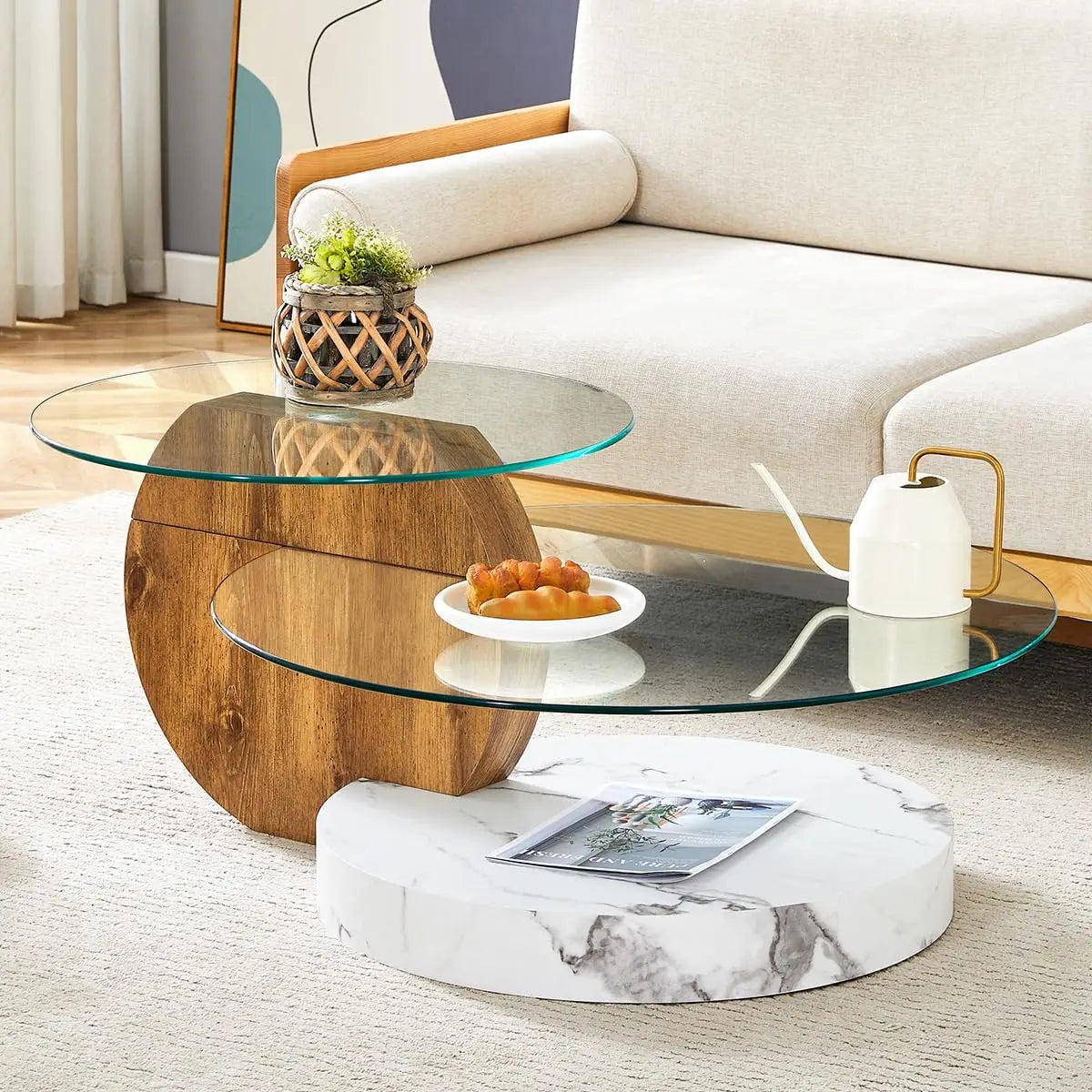 Glass Round Coffee Table Three Tier Tempered Glass Top Wood Base