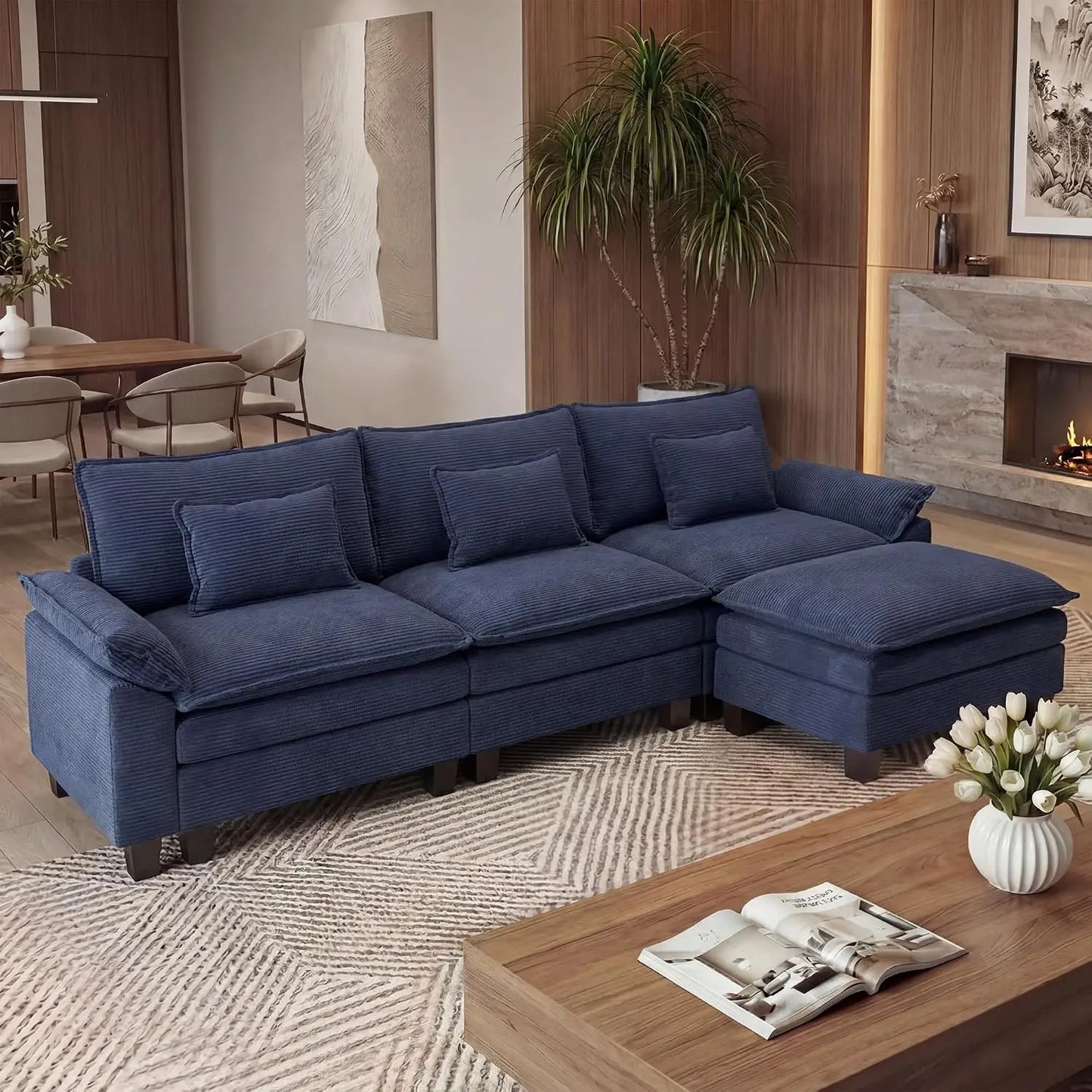 Oversized Modular L-Shaped Cloud Couch With Ottoman And Pillows
