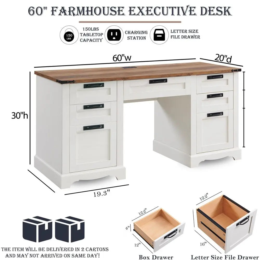 QWC Farmhouse Executive Desk With Drawers And Charging Station