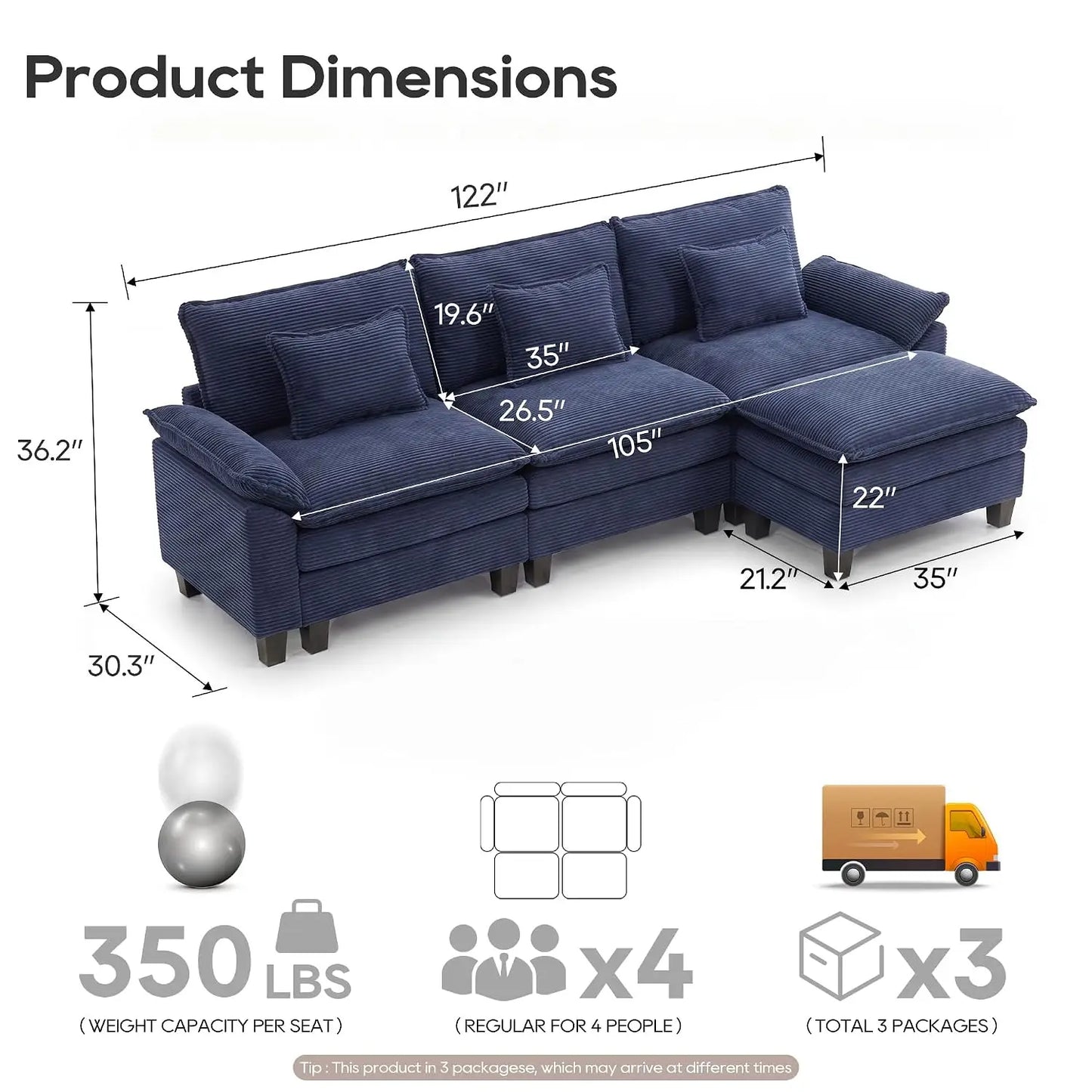 Oversized Modular L-Shaped Cloud Couch With Ottoman And Pillows