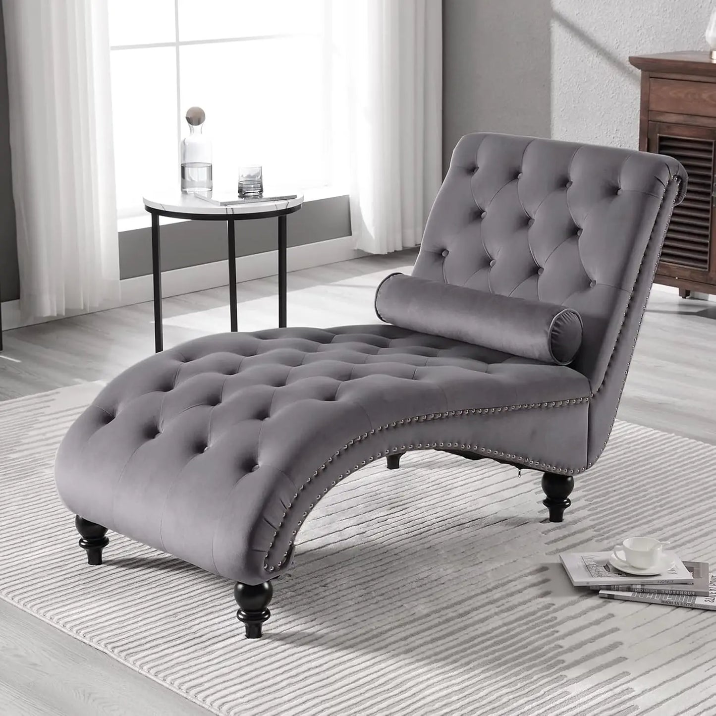 Velvet Chaise Lounge Chair Tufted Upholstered With Pillow Living Room