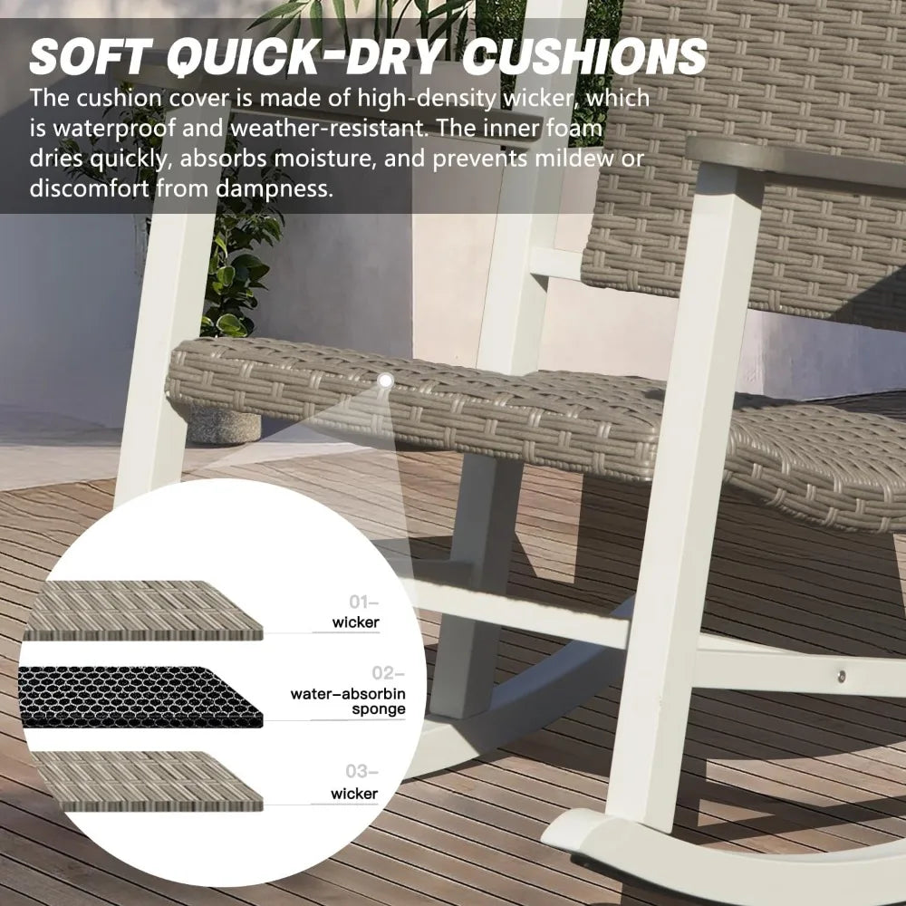 Domi Outdoor Rocking Chairs Set of 3, Durable HDPE Patio Oversized Rockers for Adults, Wicker Rocking Chair with 380lbs Support,