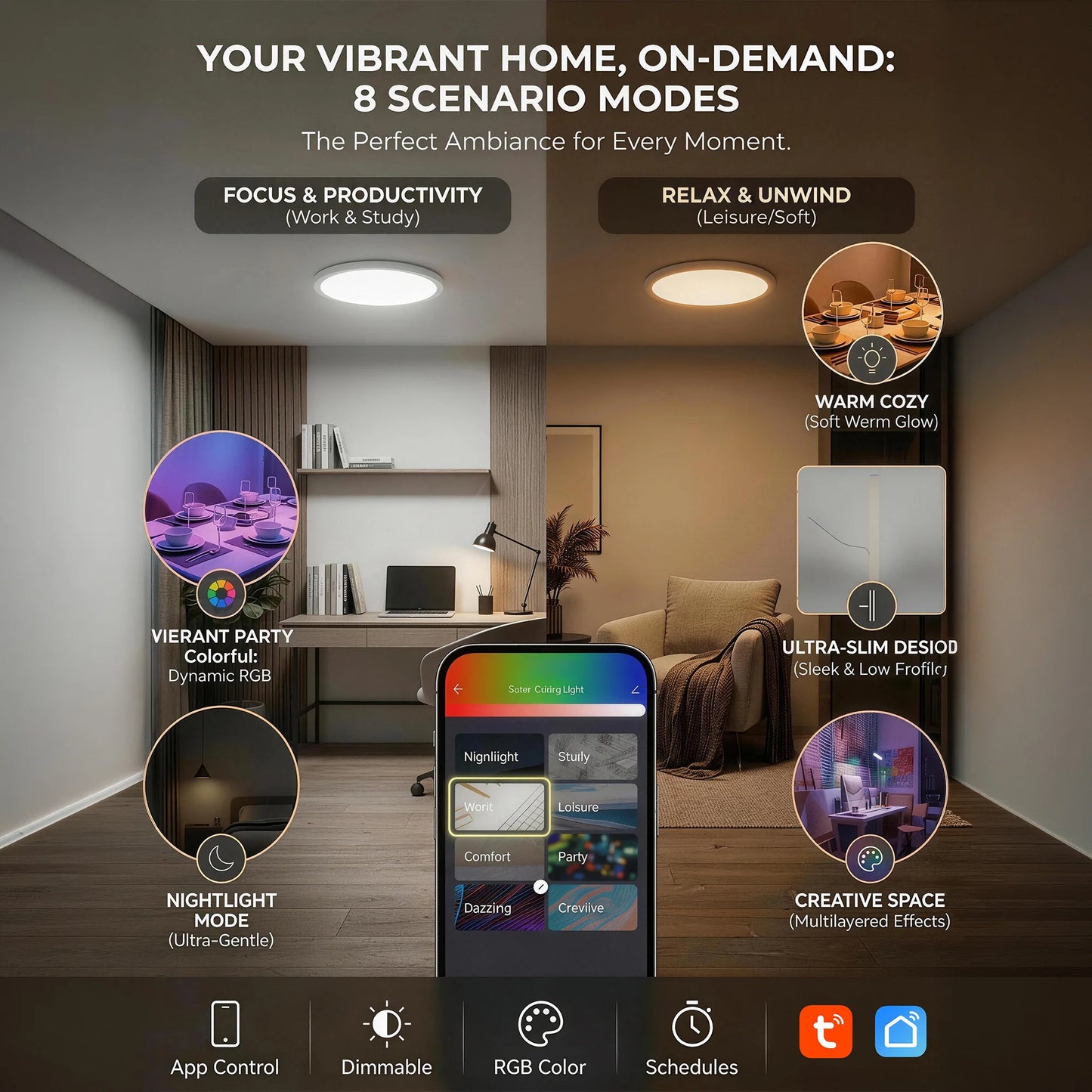 Tuaaryii Smart RGB Ceiling Light Dimmable LED Flush Mount
