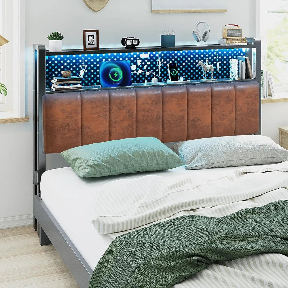 Adjustable Upholstered Headboard With Shelves Pegboard And LED