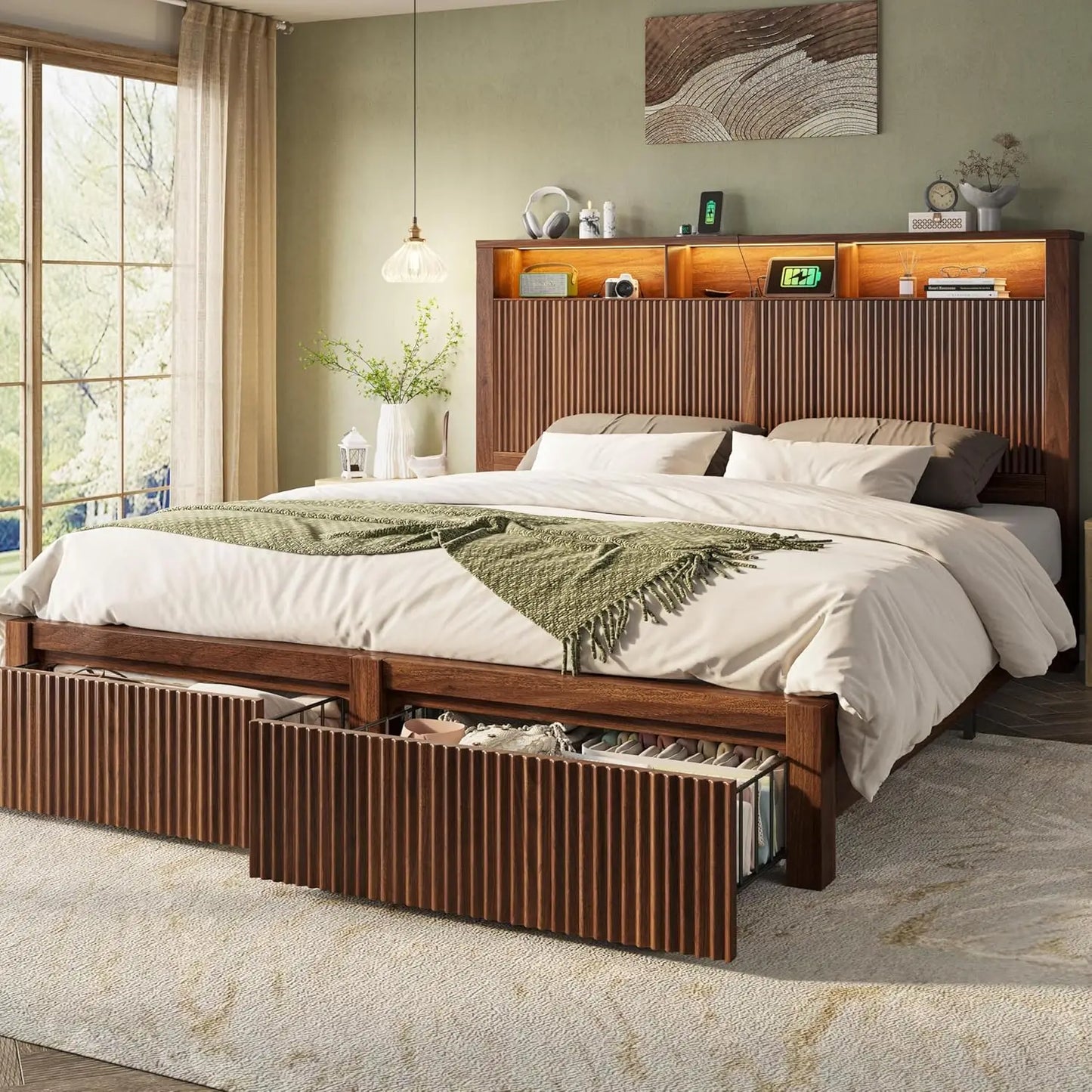 King Bed Frame With Headboard LED Storage Drawers USB
