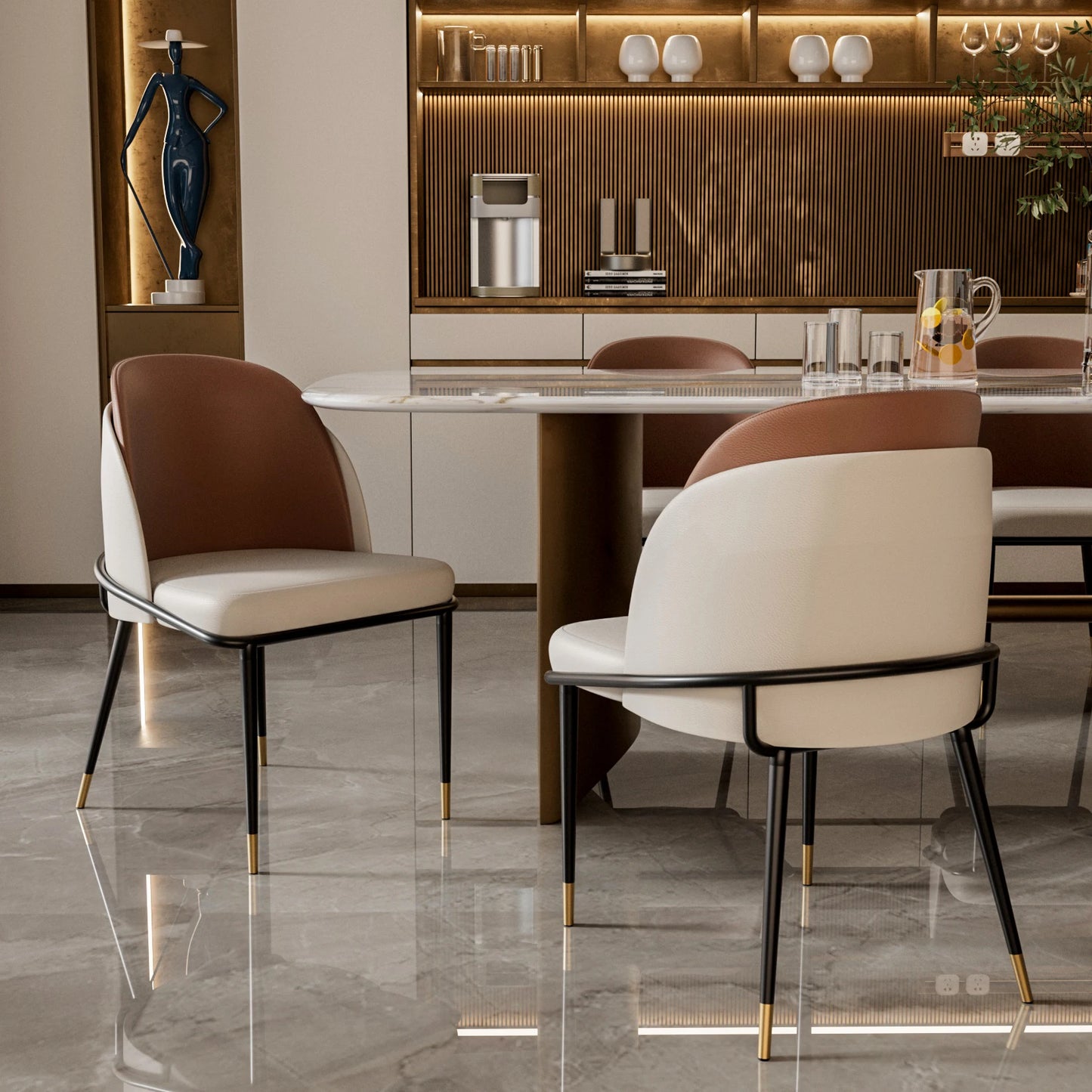 Two Faux Leather Upholstered Dining Chairs With Modern Wood Back