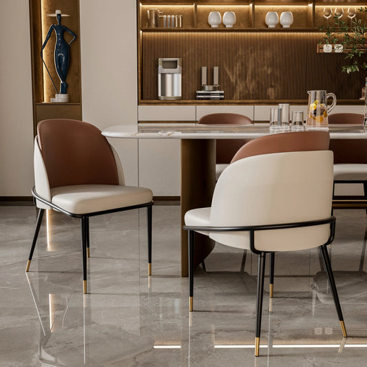 Two Faux Leather Upholstered Dining Chairs With Modern Wood Back