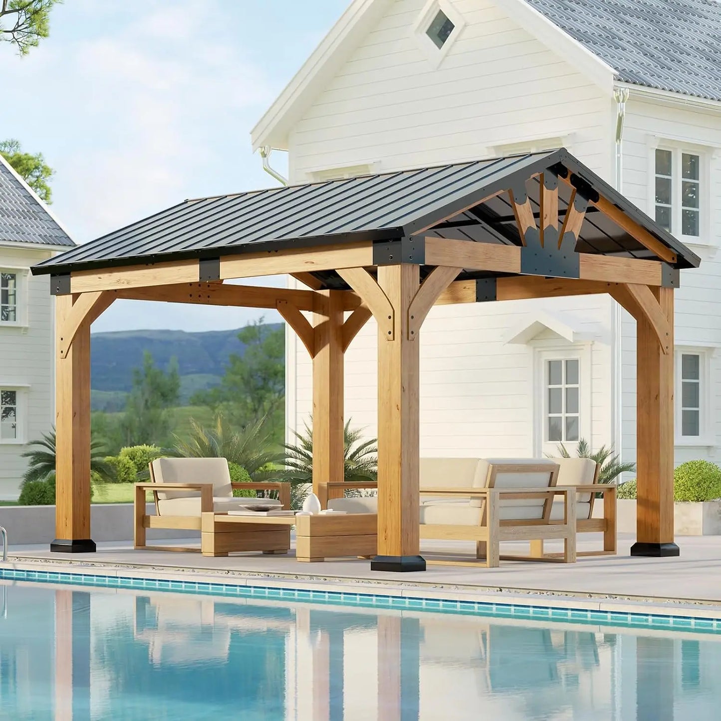 10x12ft Cedar Wood Hardtop Gazebo, Galvanized Steel Peak Roof, Snow & Wind Support for Outdoor Pavilion, Custom