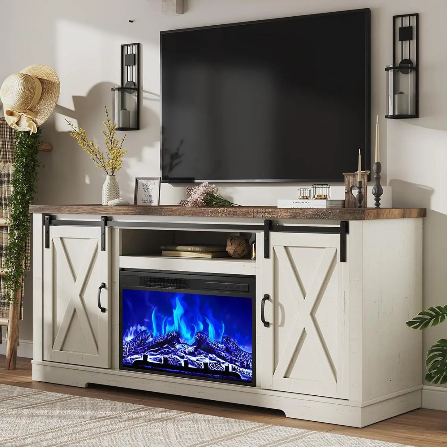 Farmhouse Fireplace TV Stand With Sliding Barn Door And Storage