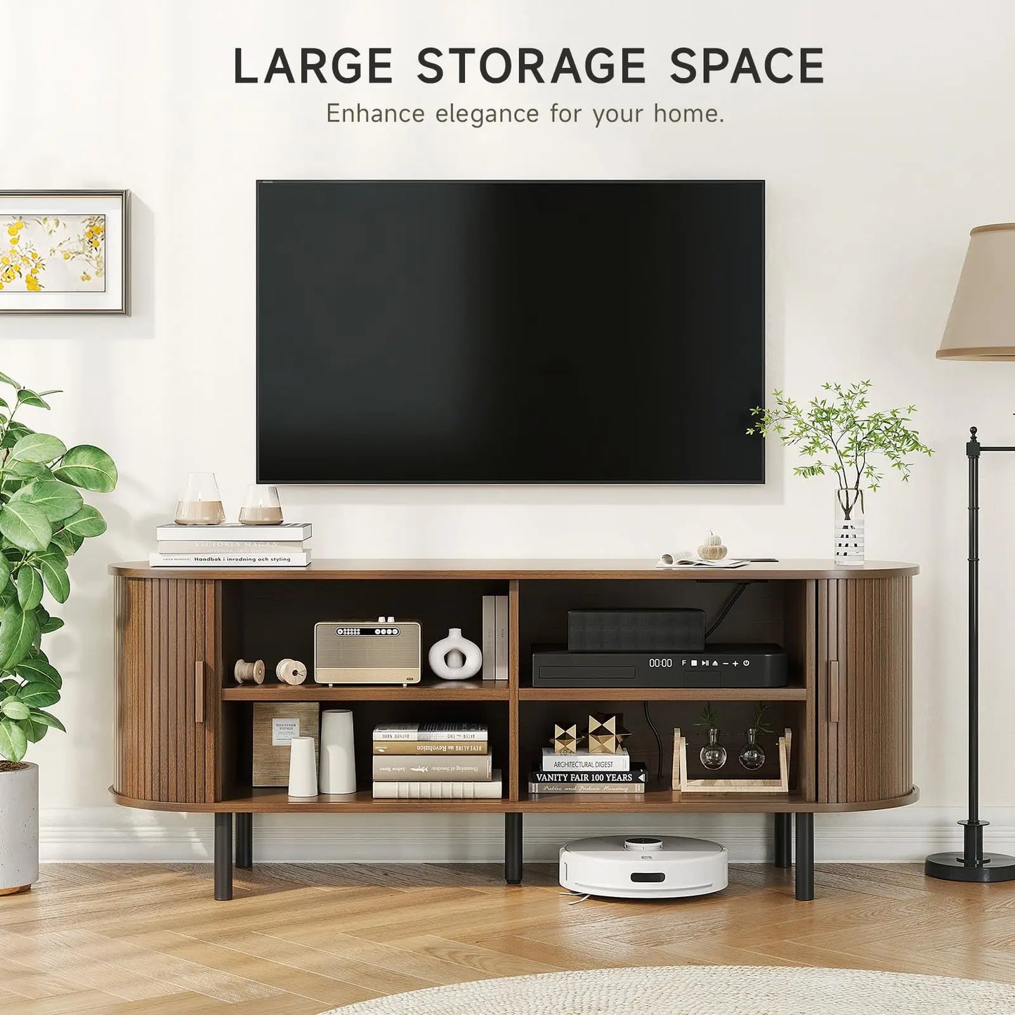 ONBRILL TV Stand with Power Outlet Sliding Doors and Shelves