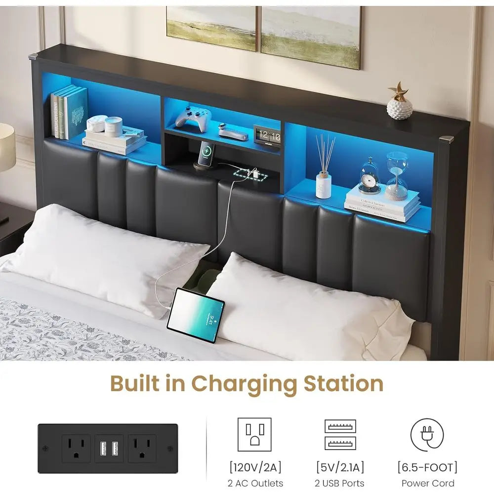 Upholstered Bed With Storage Drawers LED Lighting And Charging Station
