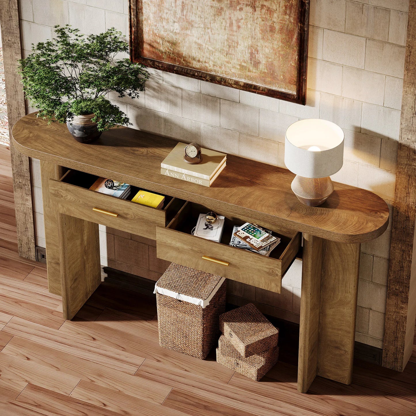 Tribesigns 63 Inch Oval Farmhouse Console Table With Storage