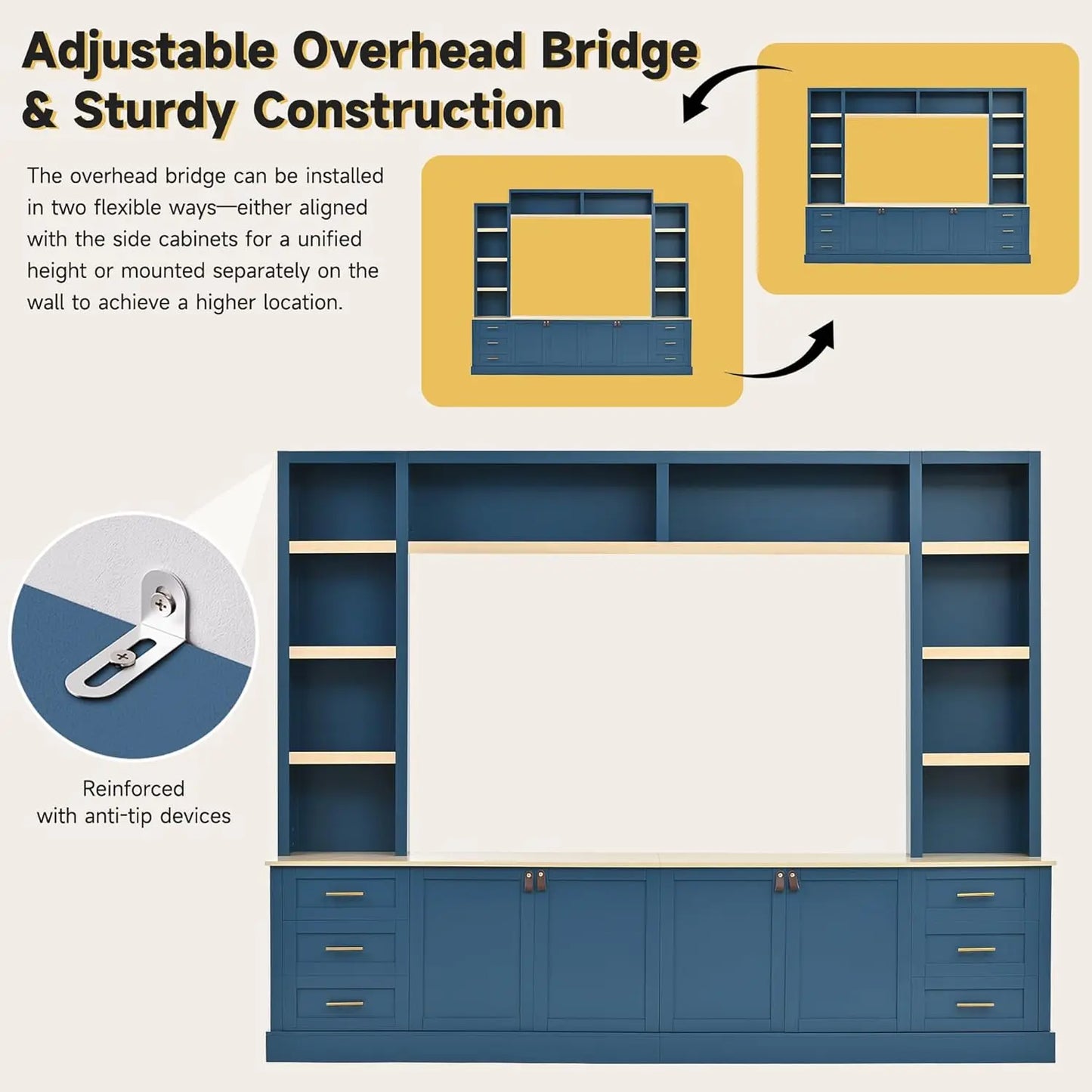 Farmhouse 4-Piece Entertainment Center With Bookshelves And Drawers