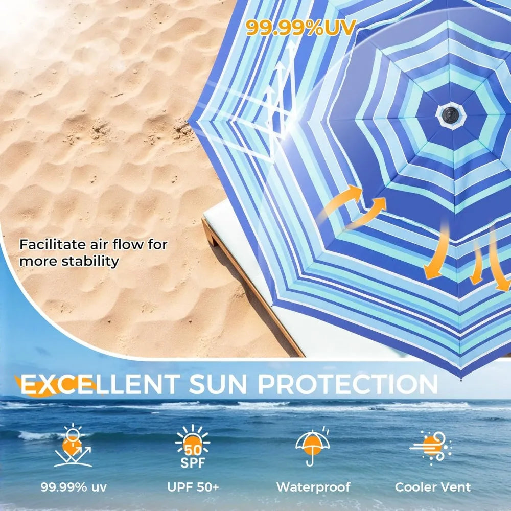 NBVCX Beach Umbrella With Sand Anchor Weight Bag Adjustable Aluminum Pole UPF 50