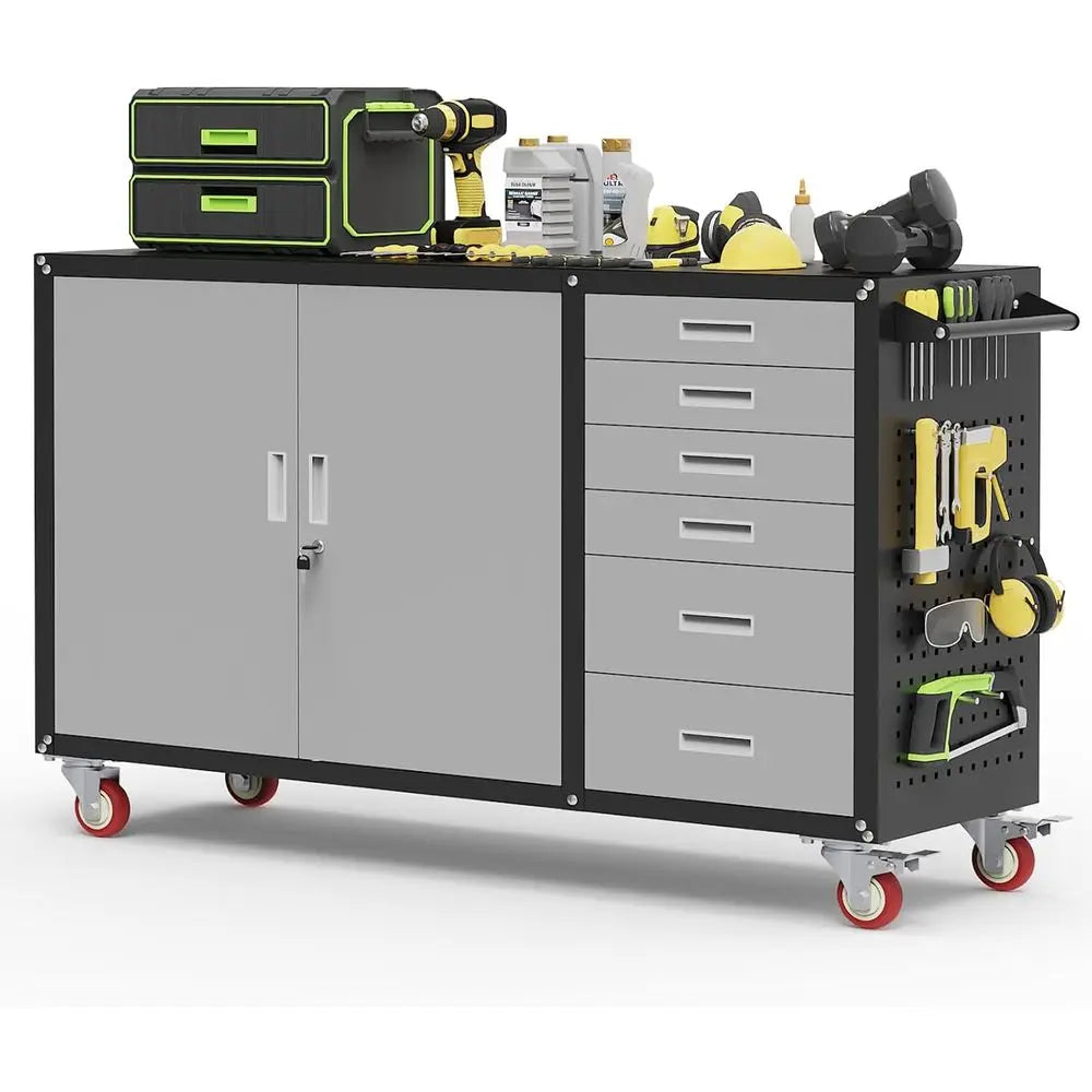 Heavy Duty Rolling Workbench 55W Lockable Cabinet Pegboard