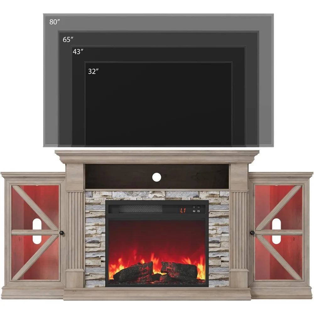 Electric Fireplace TV Stand Modern Farmhouse Entertainment Center Glass Cabinet