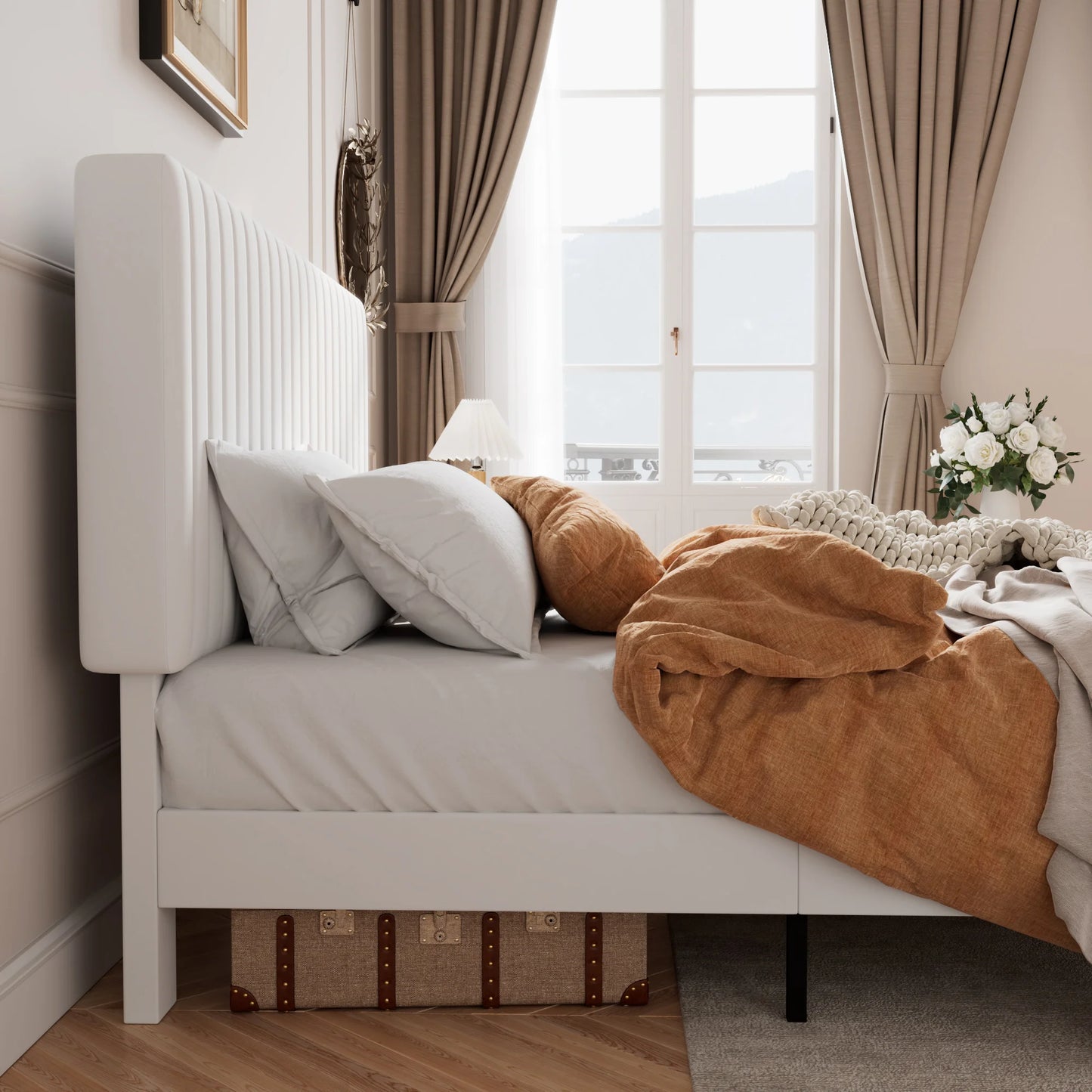 HOOMIC Velvet Upholstered Bed Frame With Vertical Channel Tufted Headboard