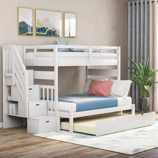 Twin Over Full Bunk Bed With Trundle Convertible Wood Bed