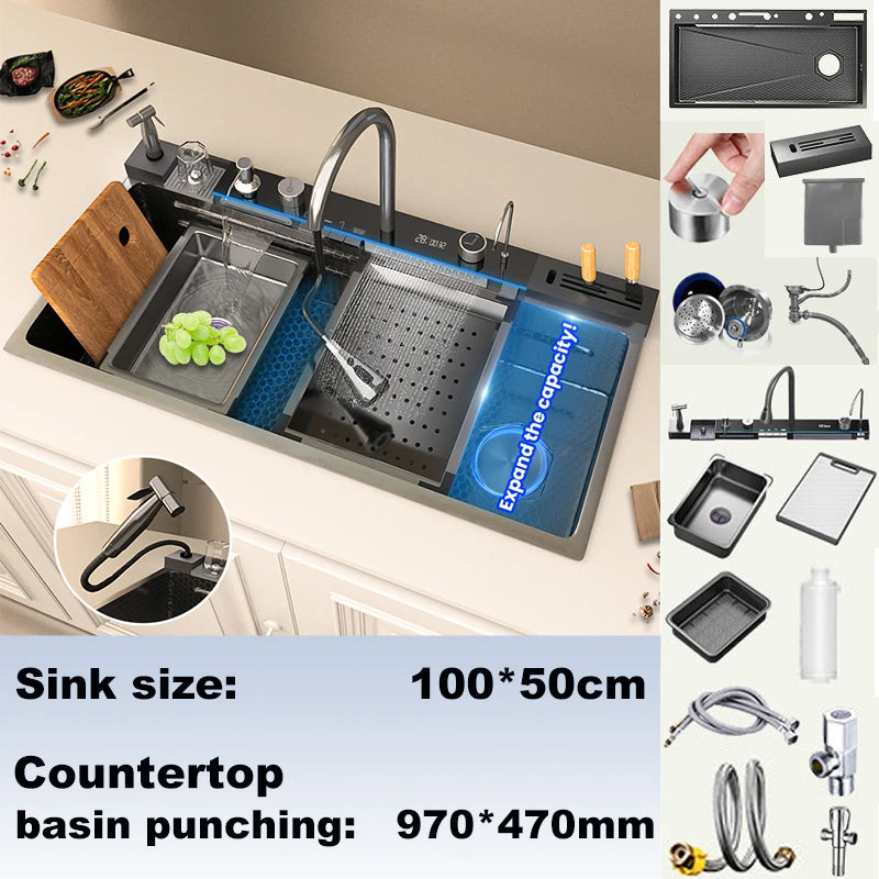 BusySink Stainless Steel Kitchen Sink With Faucet And Digital Display