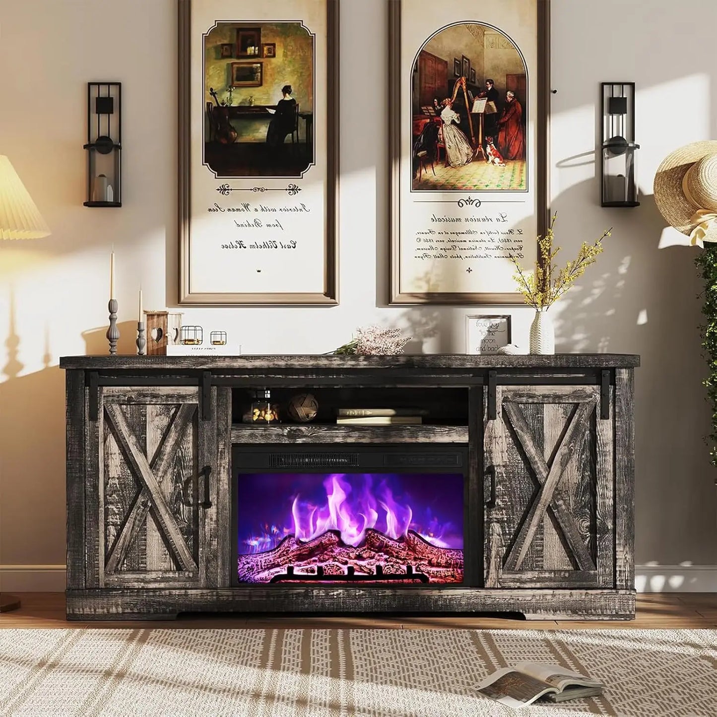 Farmhouse Fireplace TV Stand With Sliding Barn Door And Storage