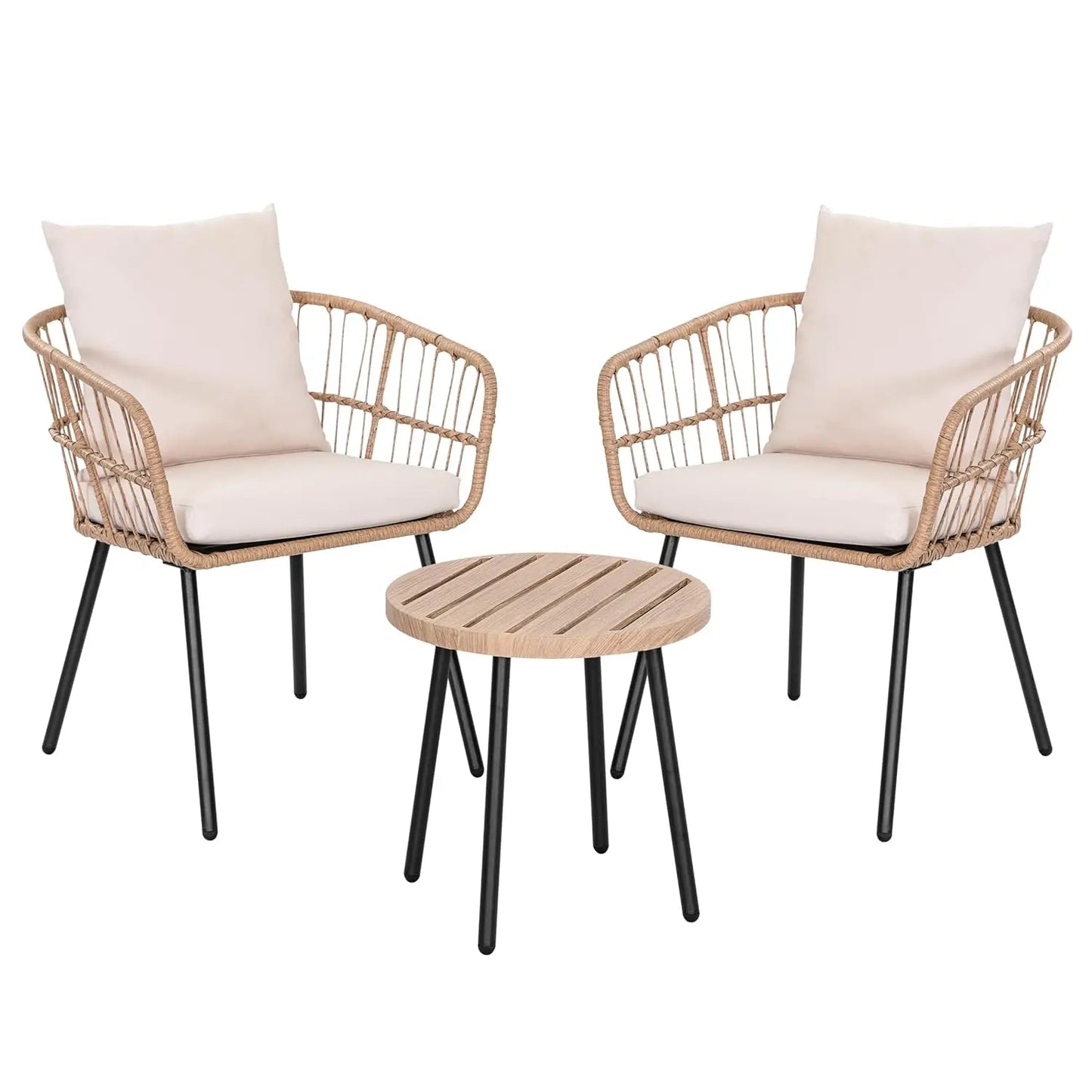 3 Piece Outdoor Bistro Set, Woven Rope Conversation Patio Set, All Weather Patio Furniture Chairs and Table with Cushions for Ga