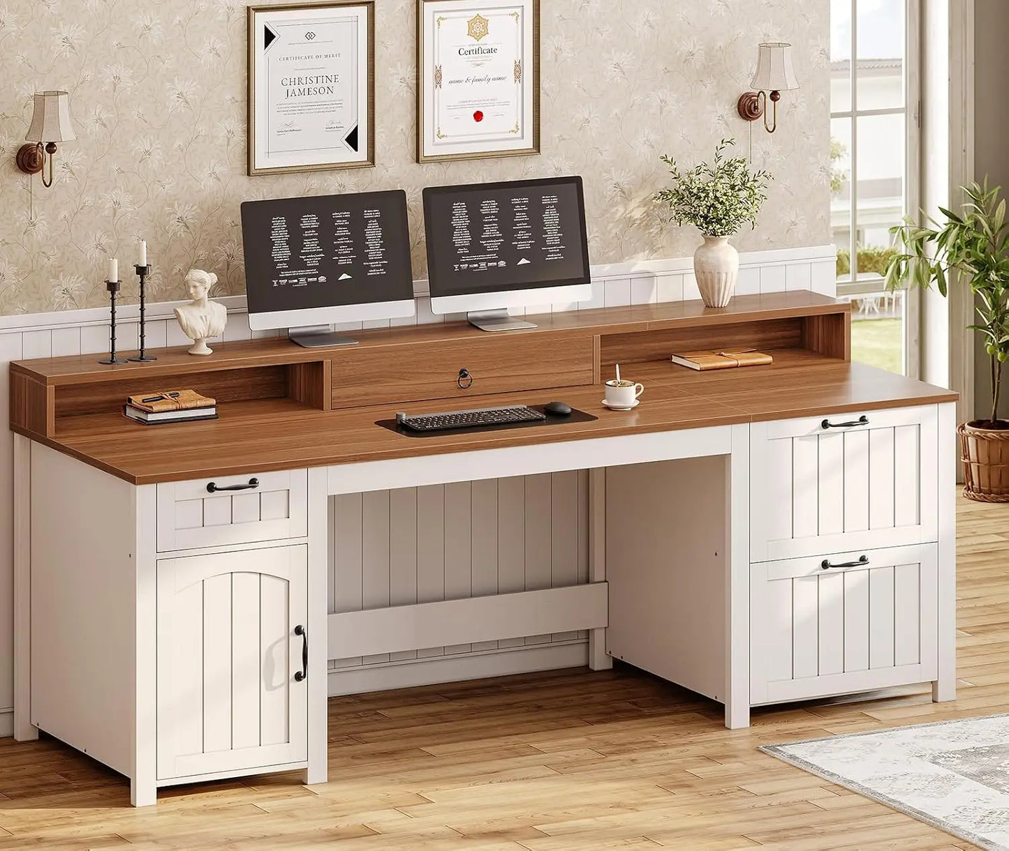 Farmhouse 63 Inch Executive Computer Desk With Drawers