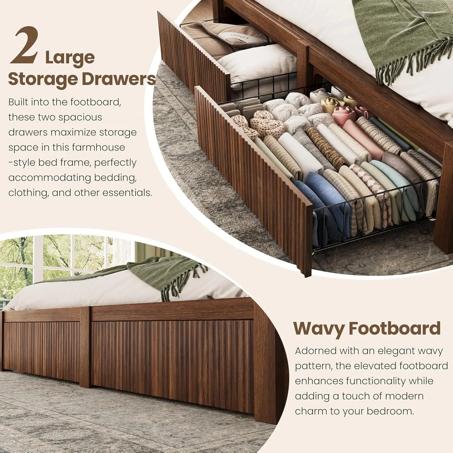 King Bed Frame With Headboard LED Storage Drawers USB