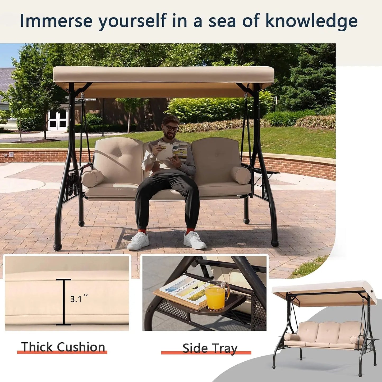Patio Porch Swing With Adjustable Canopy And Cushion