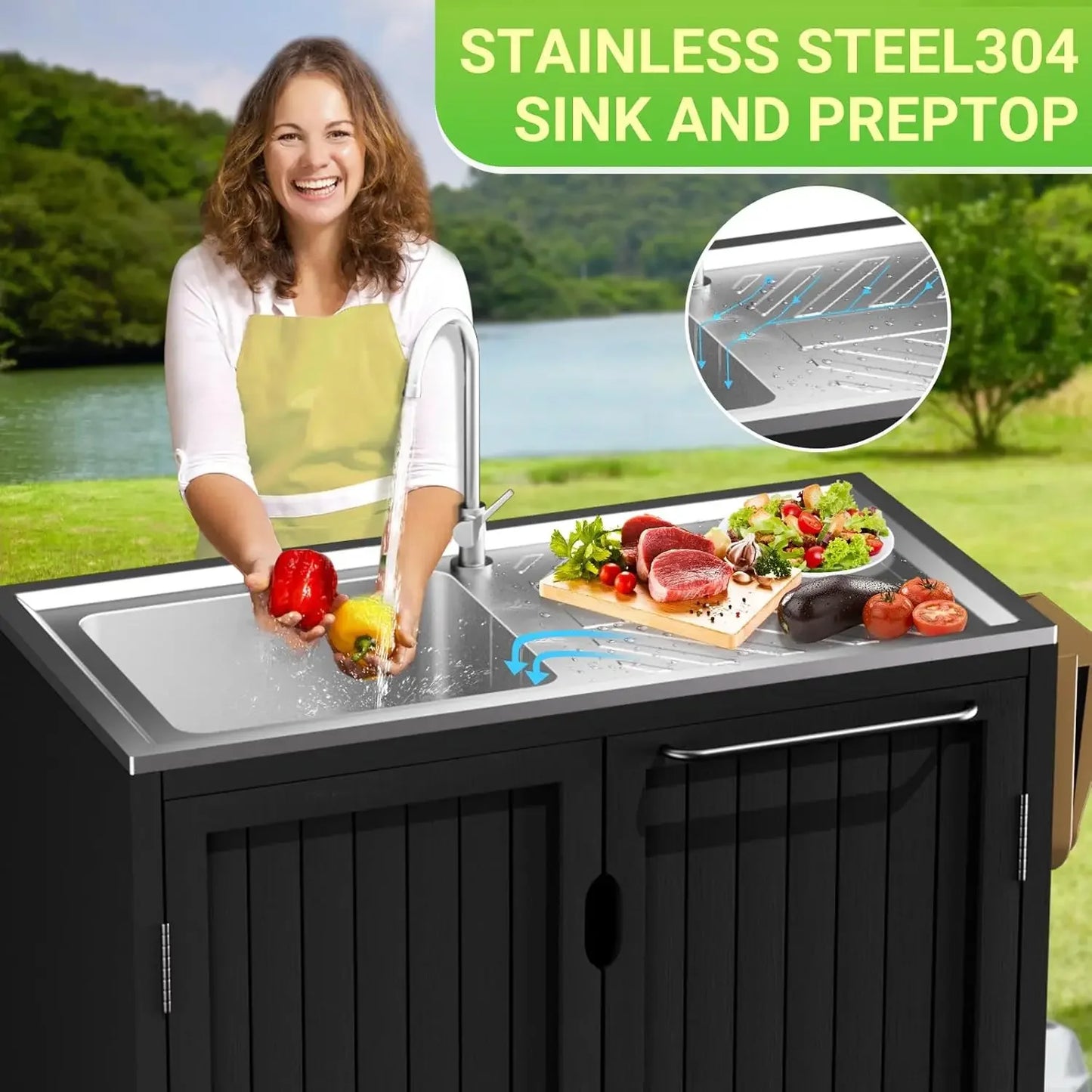 Outdoor Kitchen Island With 304 Stainless Steel Sink And Storage Cabinet