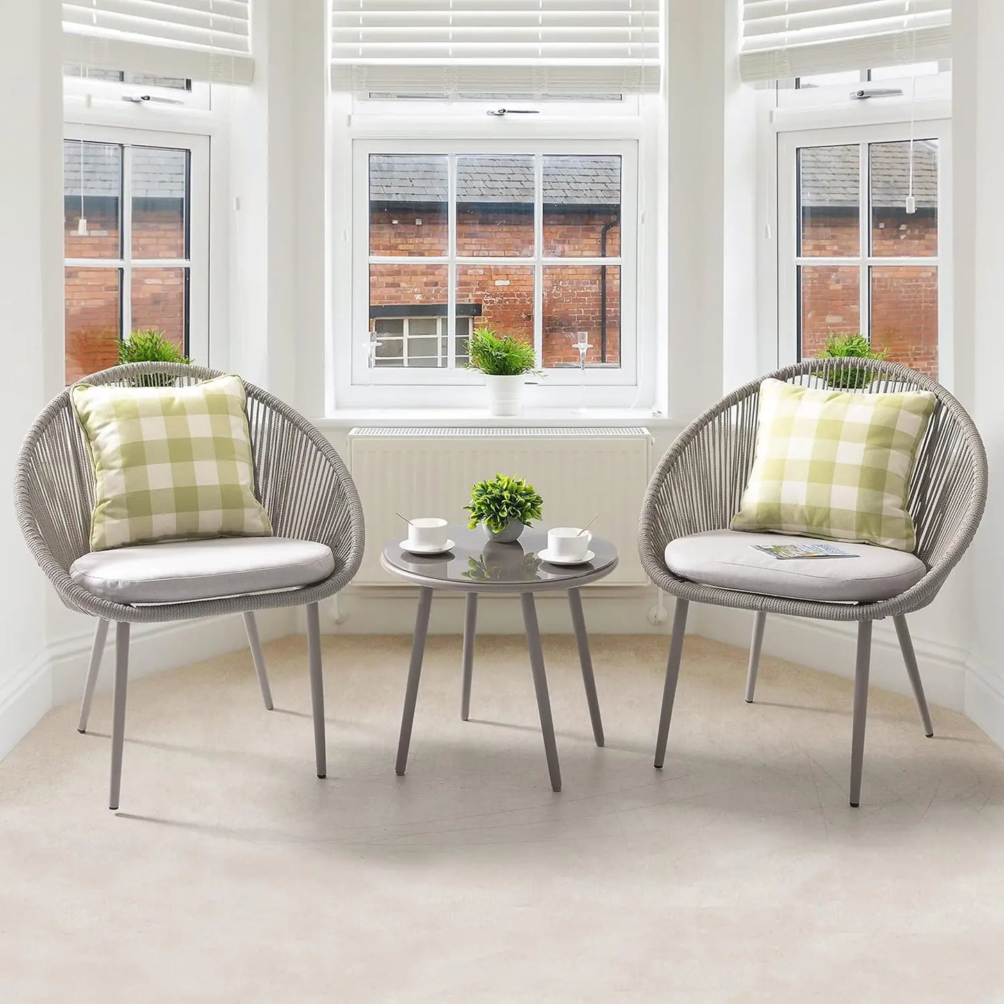 3 Piece Outdoor Bistro Set, Woven Rope Conversation Patio Set, All Weather Patio Furniture Chairs and Table with Cushions for Ga