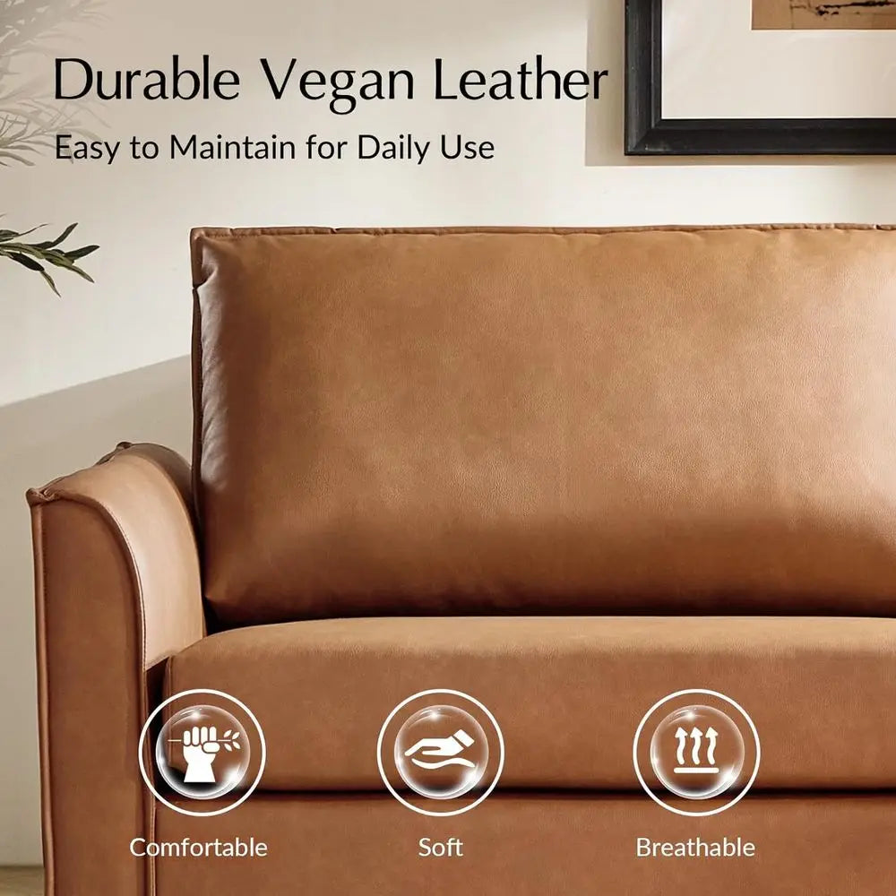 78" aux Leather Soa with Solid Wood Legs, -Century ern Leather Couch with Removable Backrest Cushion, Comy Upholstered 3-Seater