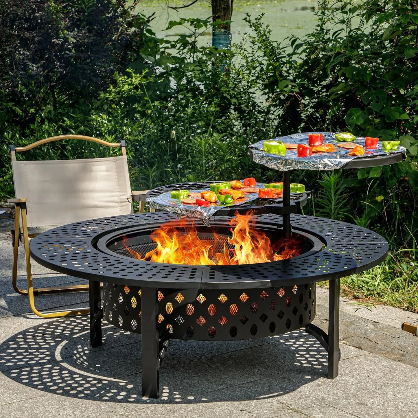 Wood Burning Fire Pit With Two Grills And Lid For Outdoor Use