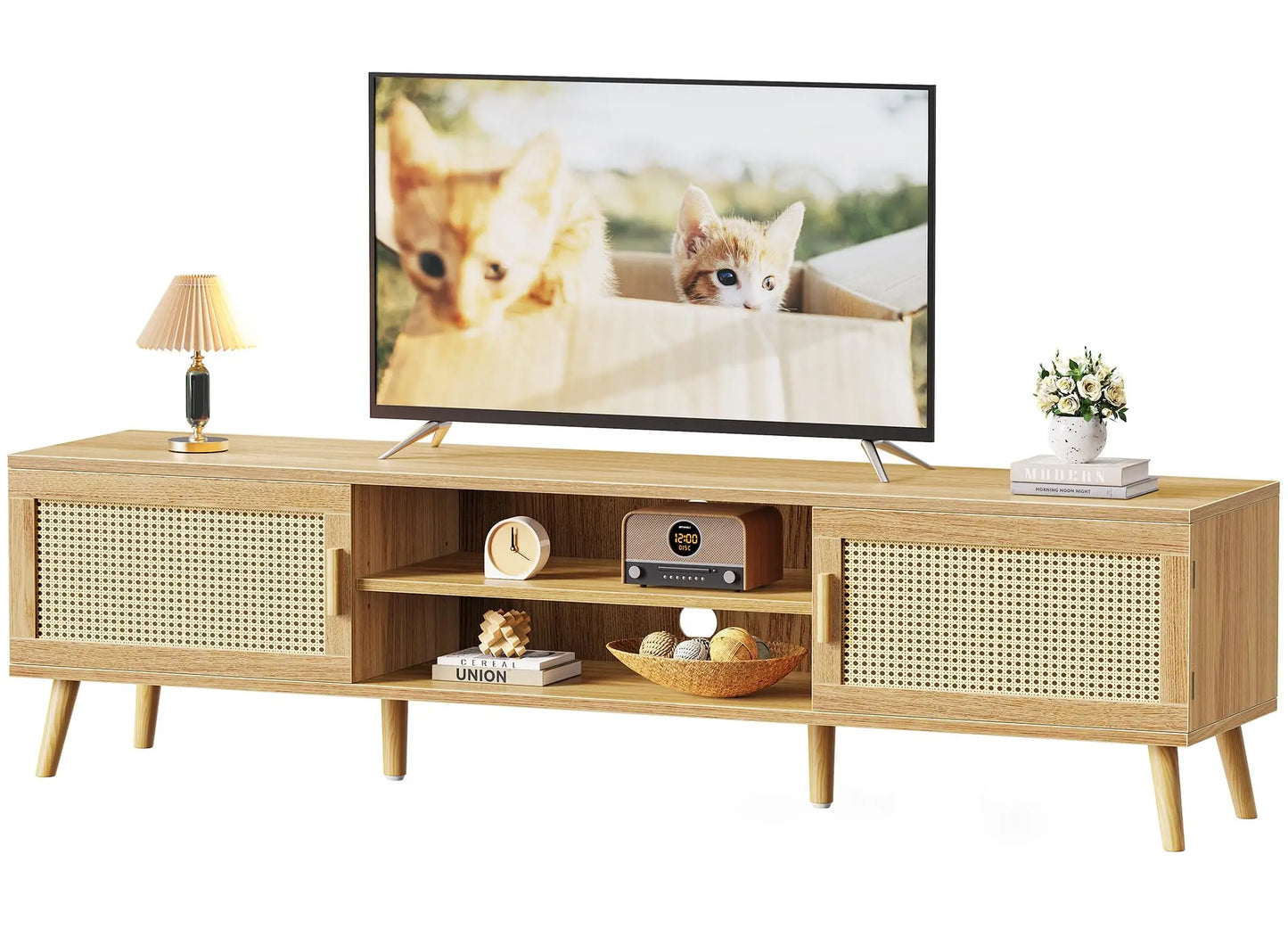 Boho TV Stand Rattan Console With Adjustable Shelves 2 Cabinets