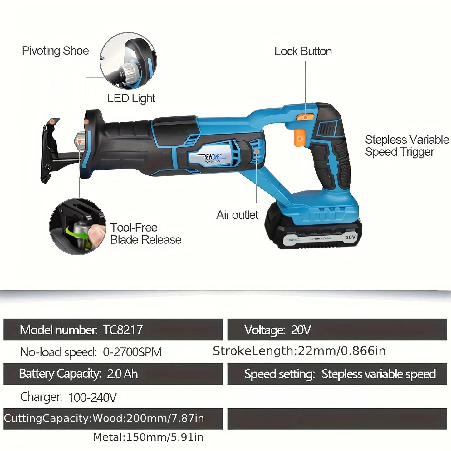 NEWONE 20V Reciprocating Saw With Stepless Variable Speed