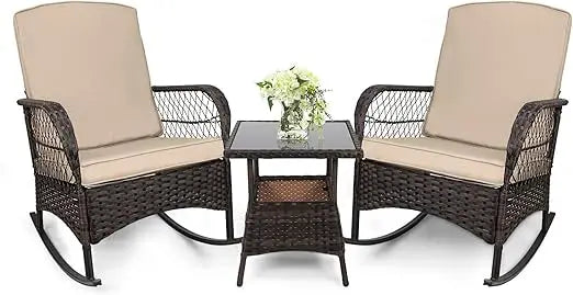 Leveleve 3 Piece Rocking Bistro Set Wicker Chairs Table