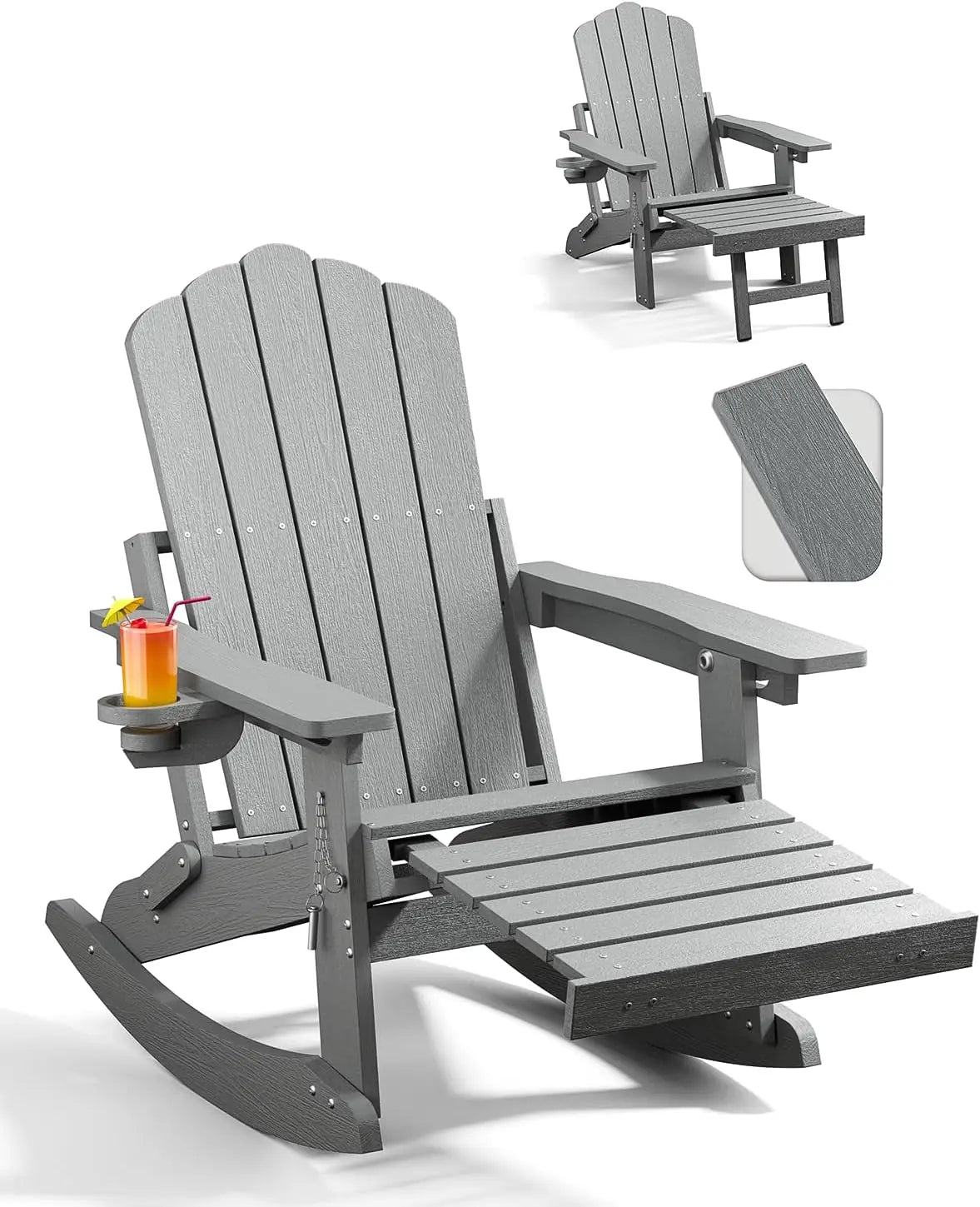 Adirondack Rocking Chairs With Retractable Ottoman And Cup Holders