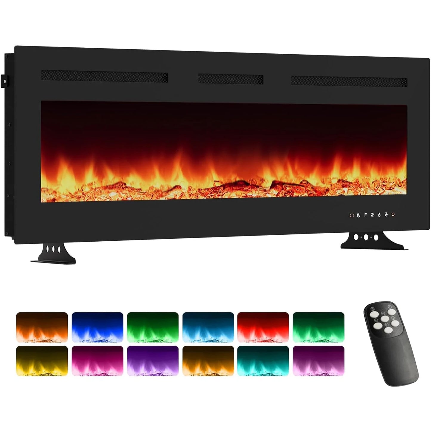 50" 3D Electric Fireplace Recessed & Wall Mounted Stove with 12 Color LED Flame Modes 900/1800w Dual-Power Heating