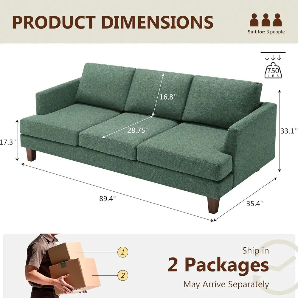 3 Seater Century Style Sofa, 89 Large Upholstered Couch with Deep Seating and Comfortable Armrests for Living Room