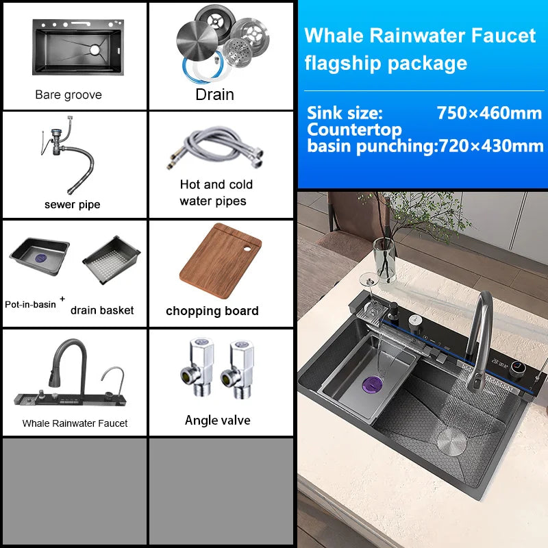 Telisiya Waterfall Kitchen Sink Stainless Steel Single Slot Digital Display