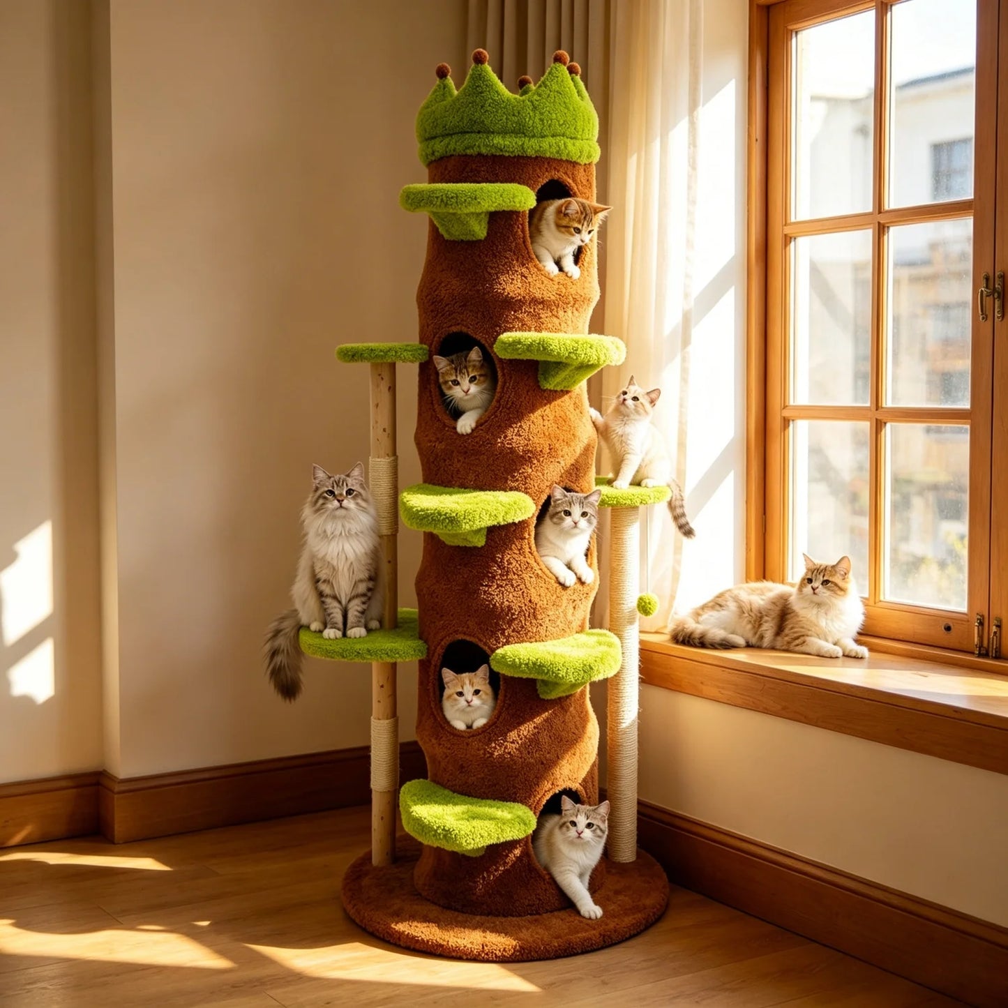 187CM Tall Indoor Cat Tree Tower Large Vibrant Green Cat Climbing Tree Activity Tower Crown-shaped Perch Plush Stairs Cat Condo